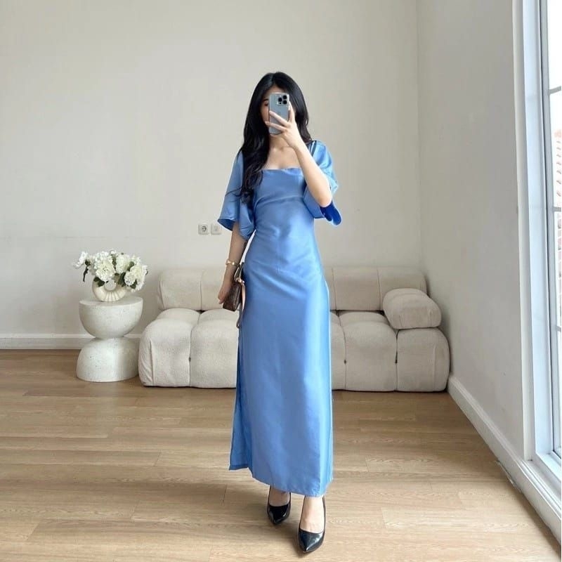 Dress Benita Dress Sabrina Wanita Long Dress Model Kekinian Satin Polos M-XL