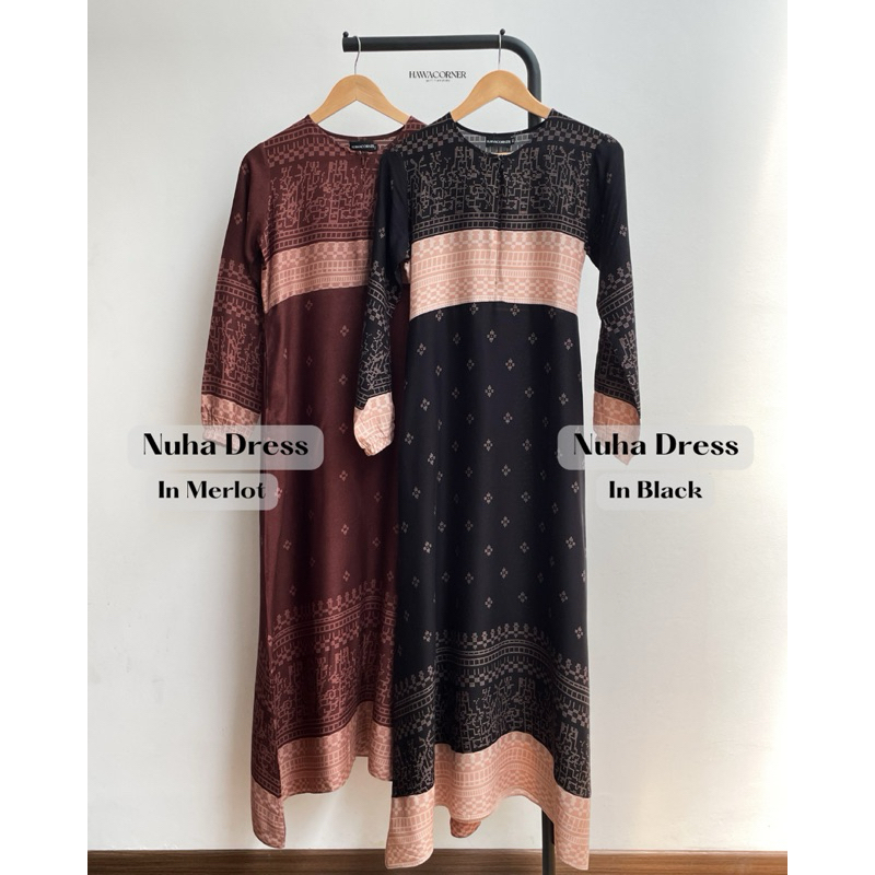 HAWACORNER NUHA Gamis Rayon Motif Etnik Gamis Hitam Motif Gamis Batik Modern Size XS sampai XL