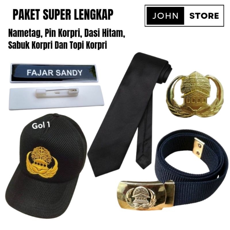 Paket Name tag ASN Terlengkap Golongan 1 (Nametag, Dasi Hitam, Pin Korpri, Sabuk Korpri dan Topi Kor