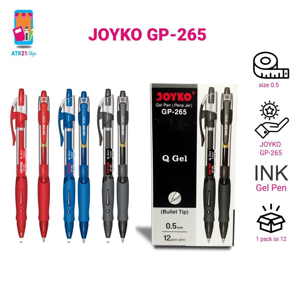 

JOYKO Gel Pen Pulpen Tipe GP-265 Ballpoint Pack Isi 12Pcs Warna Hitam|Merah|Biru