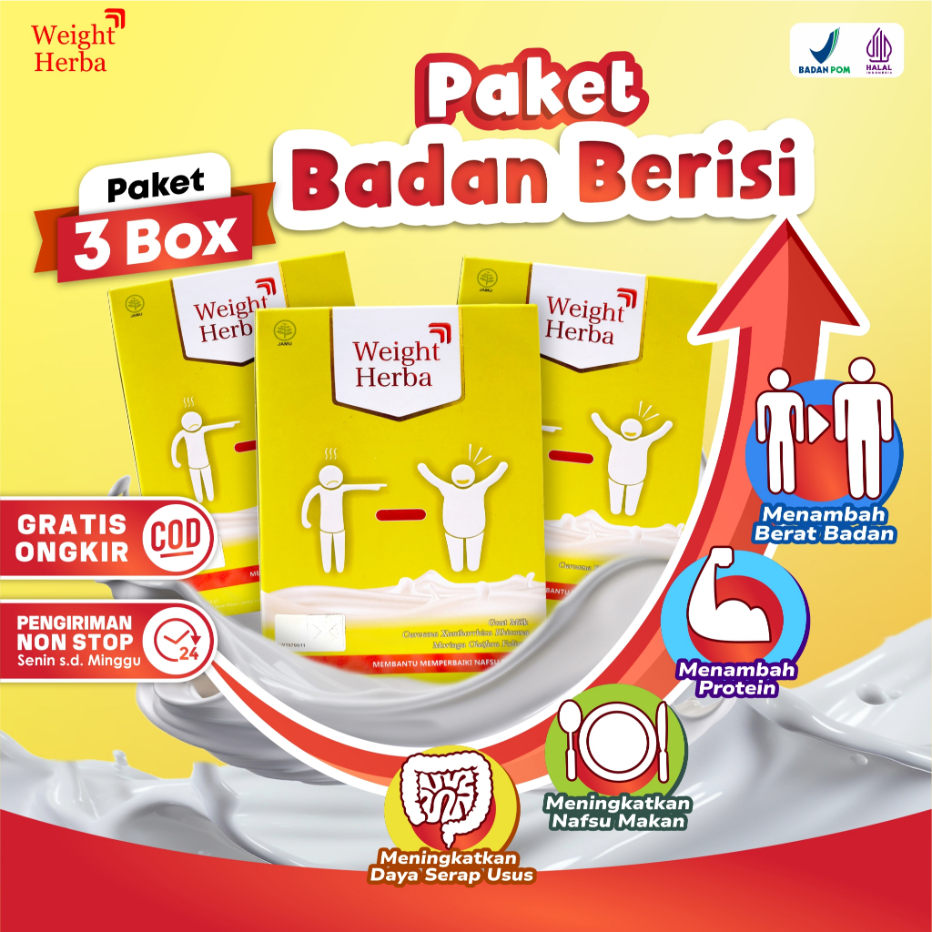 

Paket 3 Box Weight Herba – Solusi Ampuh Menambah Berat Badan dengan 2 Gelas Sehari, Susu Penambah Berat Badan, Susu Menambah Nafsu Makan Dan Susu Asupan Tubuh, Susu Tampa Efek Samping, Susu Gula Rendah, Susu Diabetes, Susu Herbal Alami
