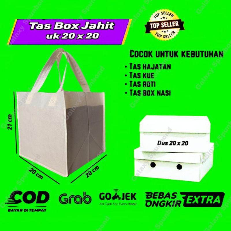 

Tas Box dus jahit 20x20 GSM 65/75 Tas Hajatan Spunbond , Harga 1 Lusin ( isi 12 pcs )