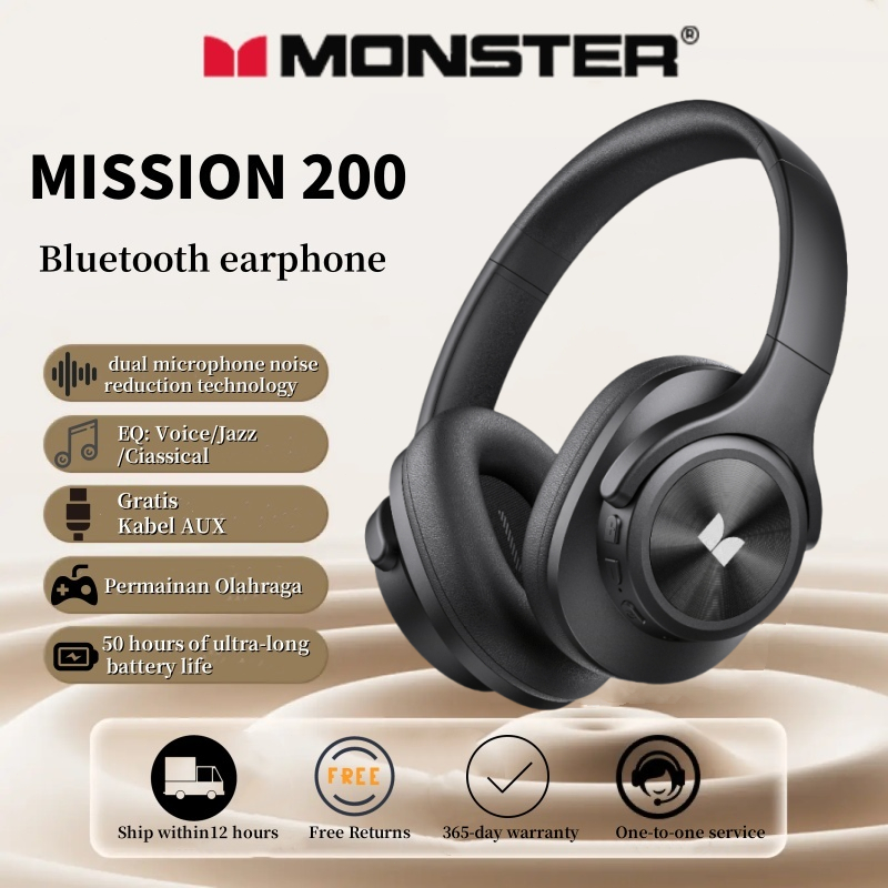 𝟭𝟬𝟬%𝗢𝗥𝗜 Headphone Monster MISSION 200 Wireless Bluetooth 5.3 Headphones TWS Headset Gaming Musik Spo