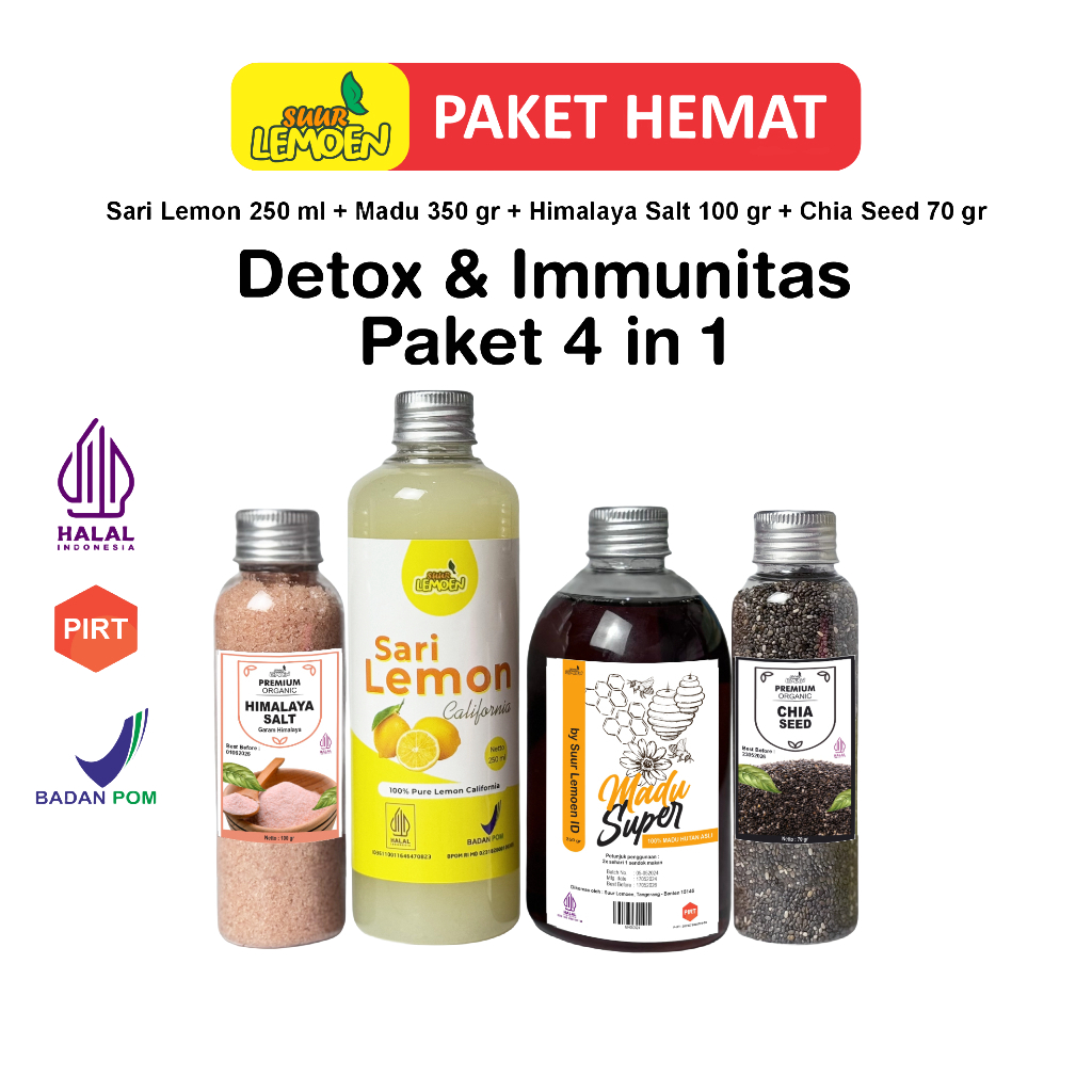 

Paket Detox Diet Imunitas 4 in 1 Sari Lemon Murni Madu Chia Seeds Garam Salt Himalaya by Suur Lemoen ID FREE POUCH