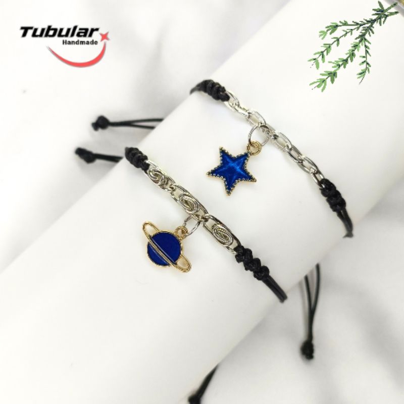 Gelang Couple Liontin Planet Bulan Bintang Set Pasangan Sahabat Tali Hitam Rantai