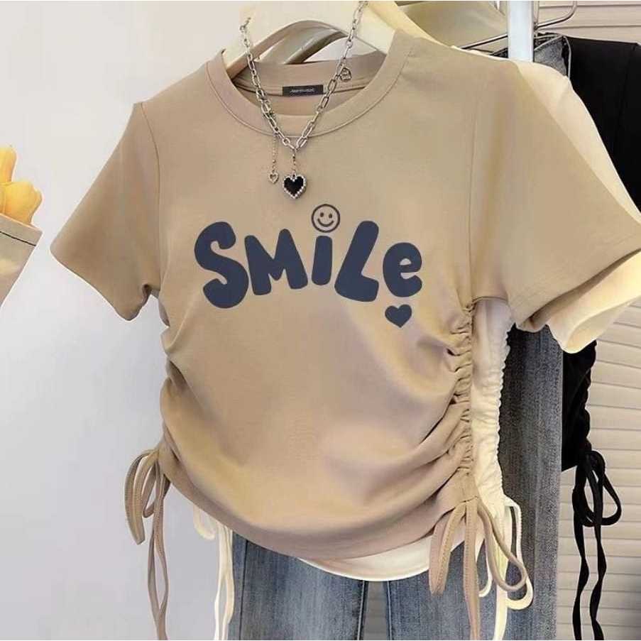 T-Shirt Smile Crop Top Model Serut Short Sleeve - Atasan Blouse Korea Style