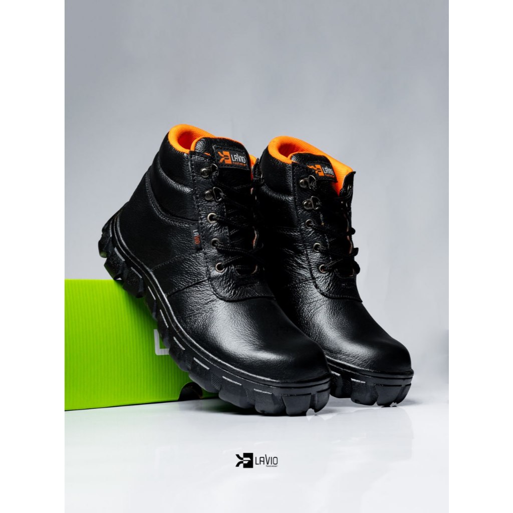 Sepatu Safety Boots Pria Tinggi Kulit Sapi Asli Septi Kerja Proyek Lapangan Outdoor Lavio Livera Uju