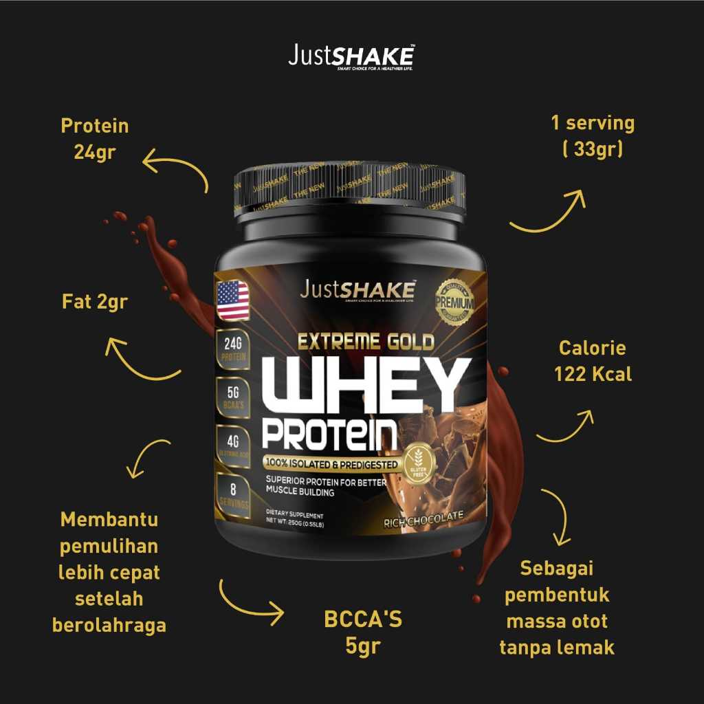 WHEY PROTEIN | JustSHAKE | ORIGINAL 100% | BPOM | SUPLEMEN | NUTRISI | GYM | DIET | VANILA | COKELAT