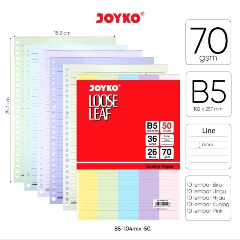 

Isi Binder B5 dan A5 Kertas Loose Leaf Garis Polos Warna Pembatas Zipp Map