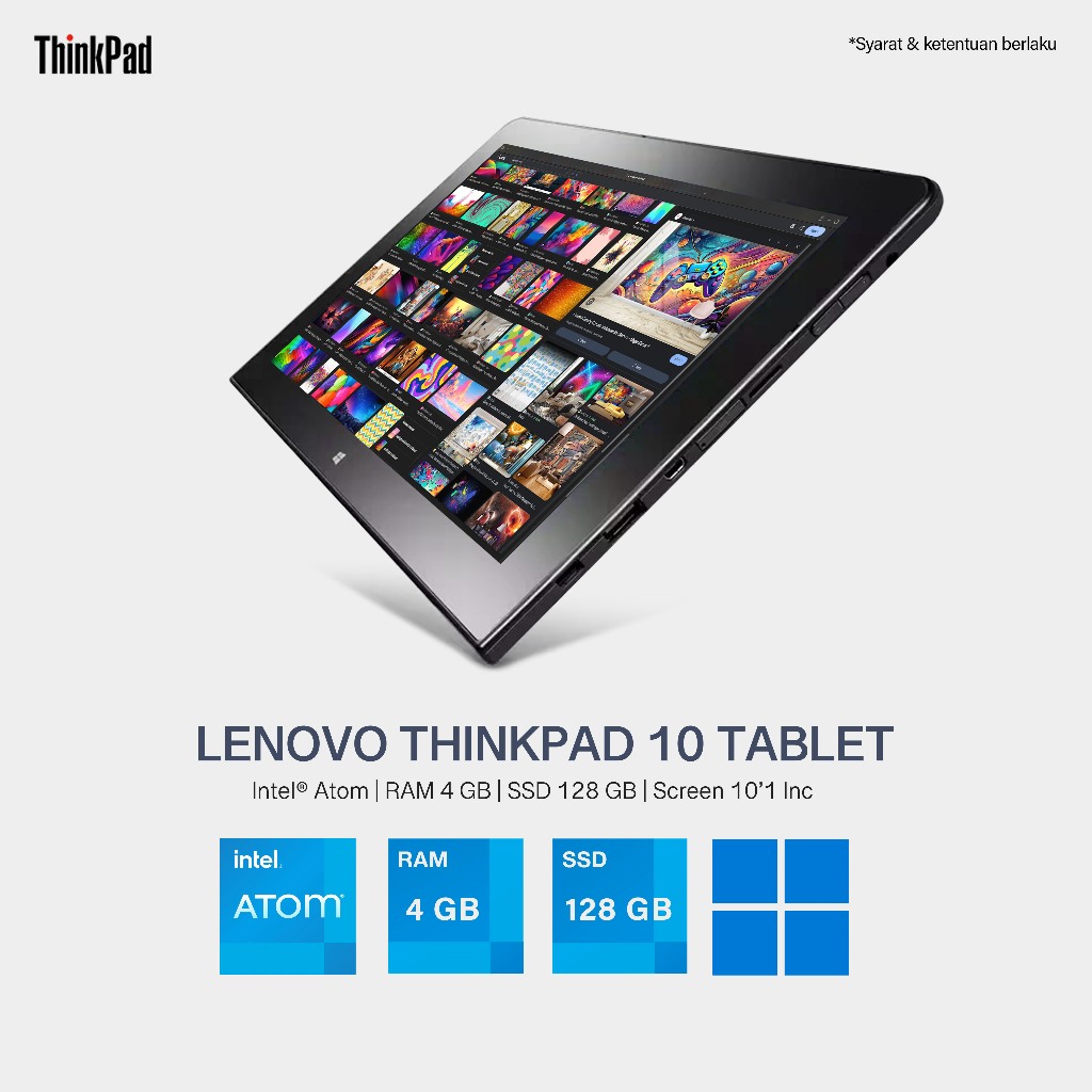 TABLET LENOVO THINKPAD 10 Intel Atom Processor RAM 4 GB SSD 128 GB LAYAR 10'1 INC TOUCHSCREEN