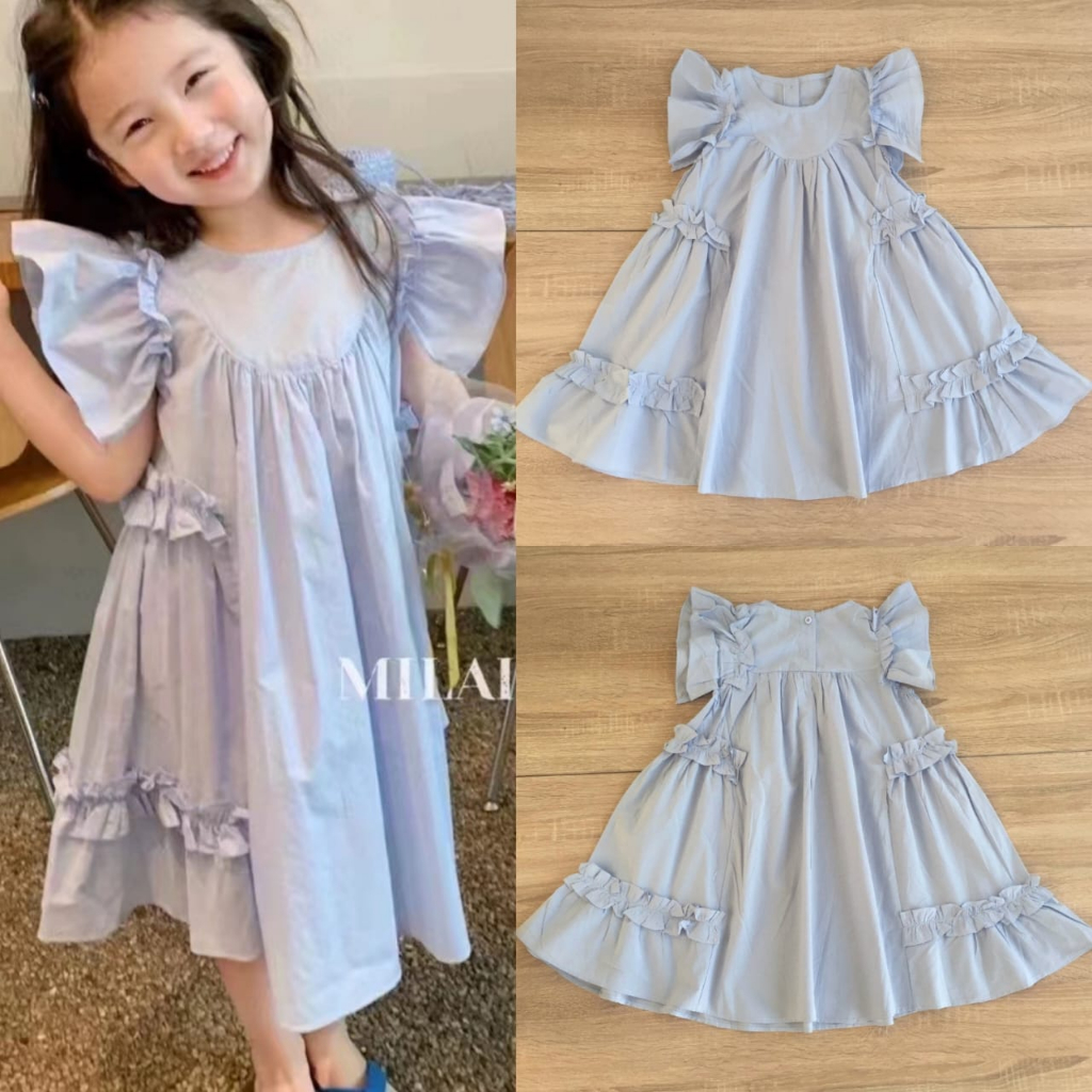 (3th-dewasa) Dress polos biru korea anak remaja dewasa gaun ibu anak tanggung import ruffle