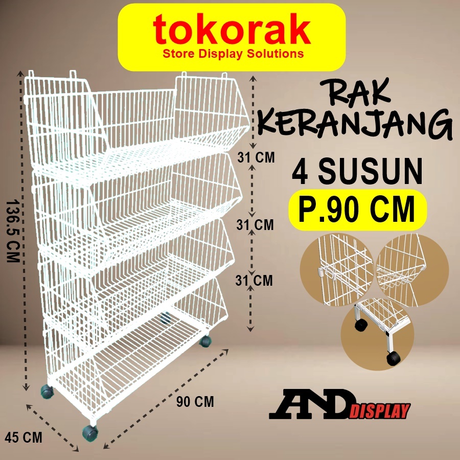 RAK KERANJANG 4 SUSUN 90 CM PUTIH SUPERMARKET MINIMARKET LAUNDRY SNACK ANDDISPLAY