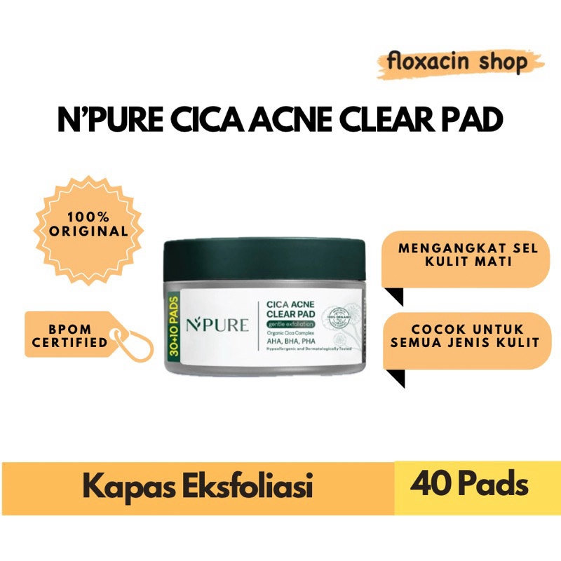 NPURE Acne Clear Pad Cica / Kapas Eksfoliasi Kulit Jerawat / Acne Exfoliating Pad (40 pads) Acid Ext
