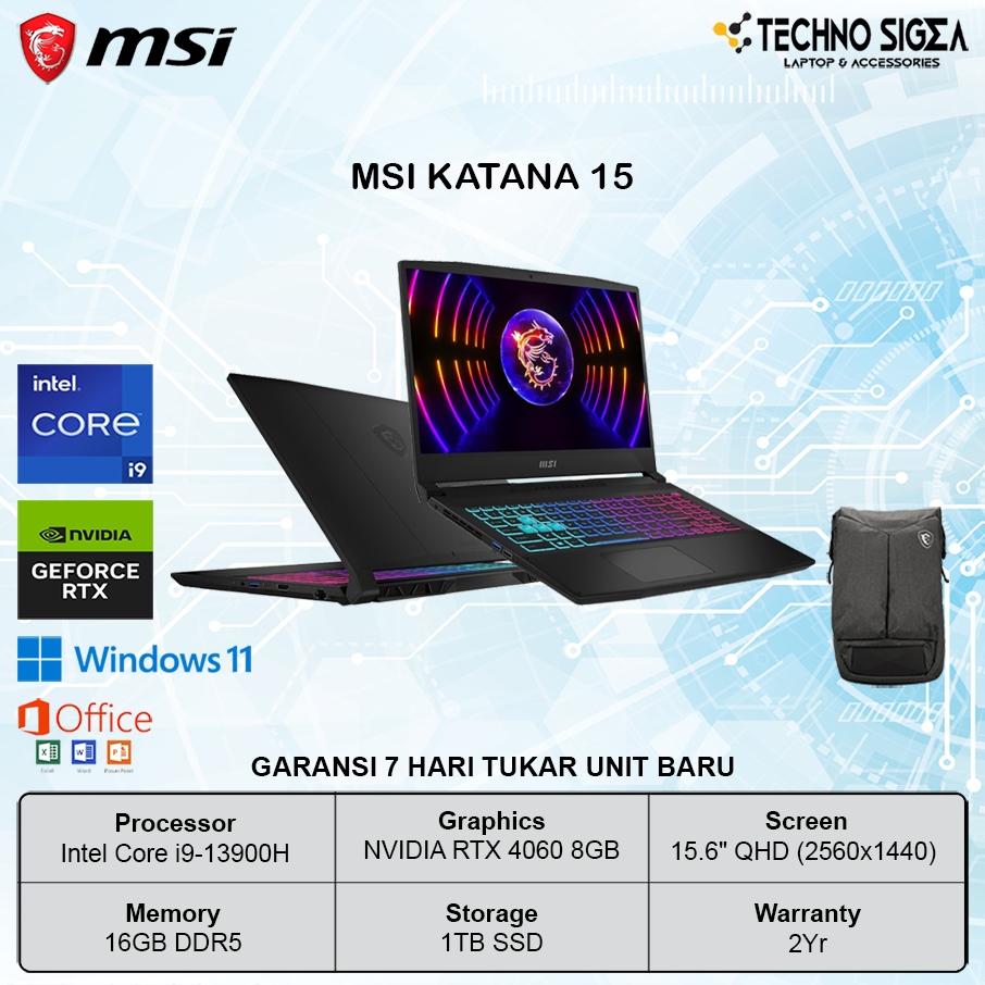 MSI Katana 15 i9 13900H RTX4060 8GB 16GB 1TB 15.6 QHD 165Hz