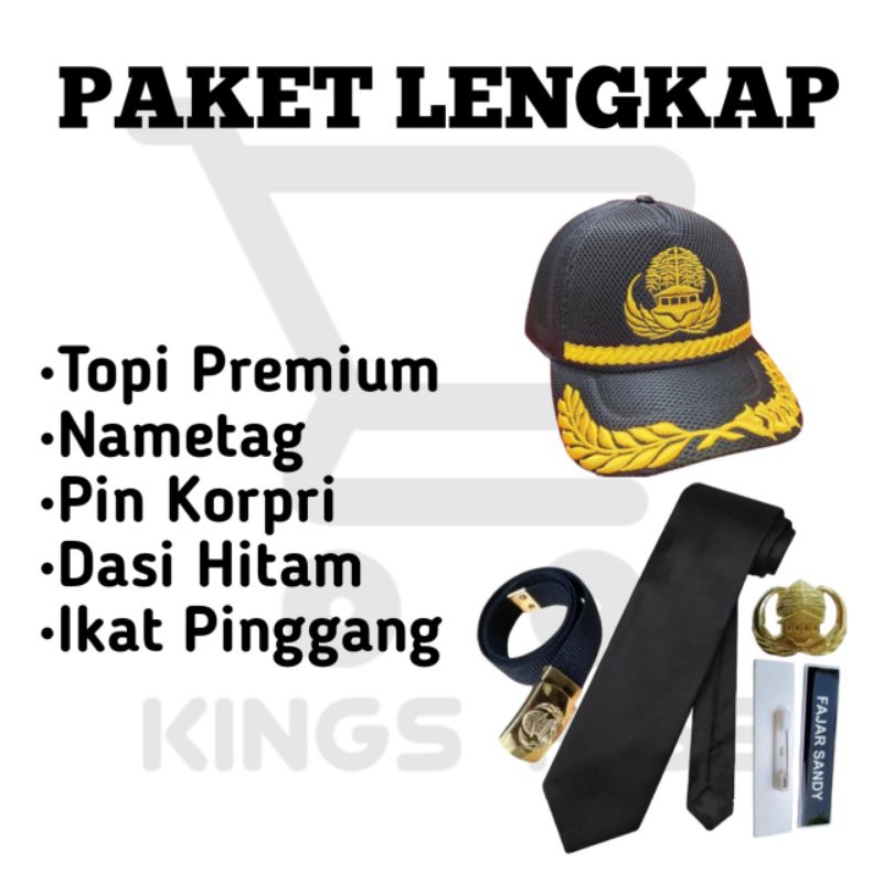 PAKET LENGKAP ASN/PNS (Topi premium,Nametag,Pin Korpri,Dasi Hitam,Sabuk Korpri)