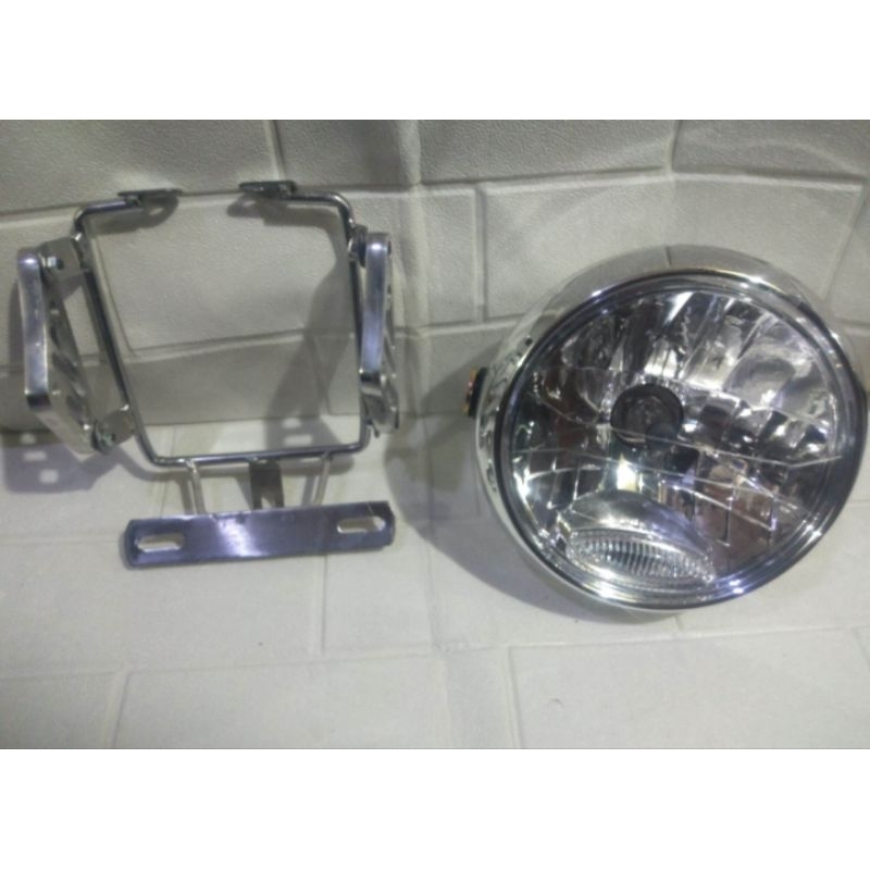 Paket Lampu Depan Bulat Cover Crom Plus Breket Pangkon Lampu Depan Ninja R/RR Model Pesek