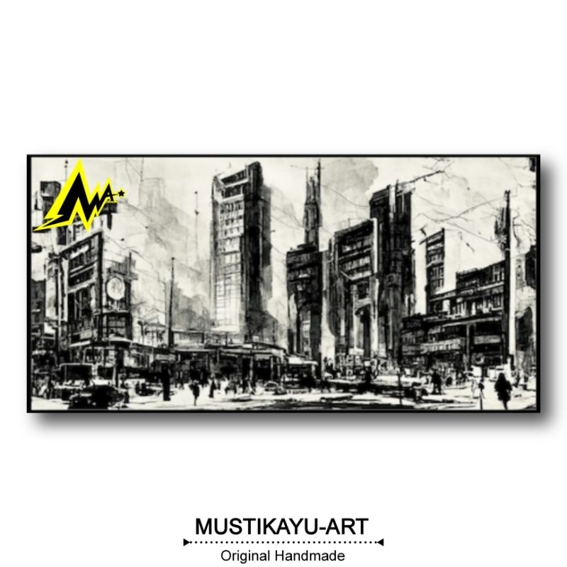 Lukisan kanvas abstrak kota hitam putih 60 x 120 cm frame hiasan dinding
