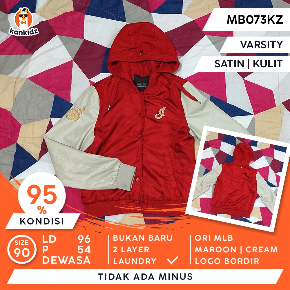 SIAP PAKAI | Jaket Dewasa Varsity MLB Indians Satin+Kulit | Maroon Cream Size 90