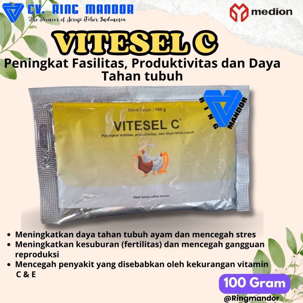 Vitesel C Serbuk 100 gr Medion kombinasi vit C, E, dan Selenium untuk ayam