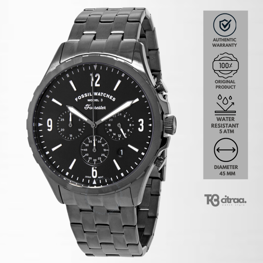 Jam Tangan Pria Fossil Forrester Rantai Chronograph Men Black Dial Black Stainless Steel Watch Mewah