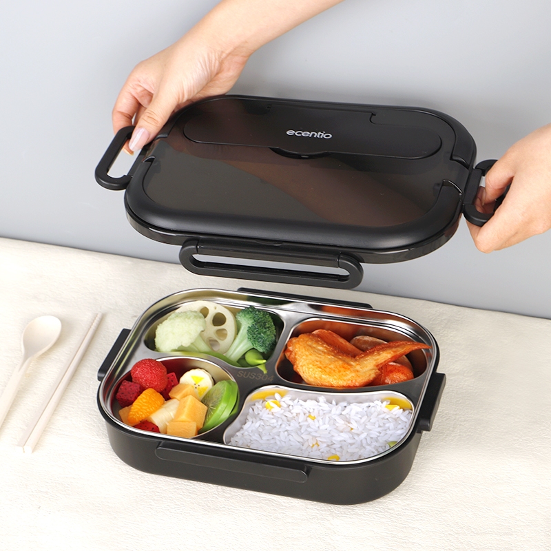 【OLO】Ecentio Empat Kotak 304 Kotak Beras Stainless Steel dengan Soel Stainless Steel Soup Bowl Black