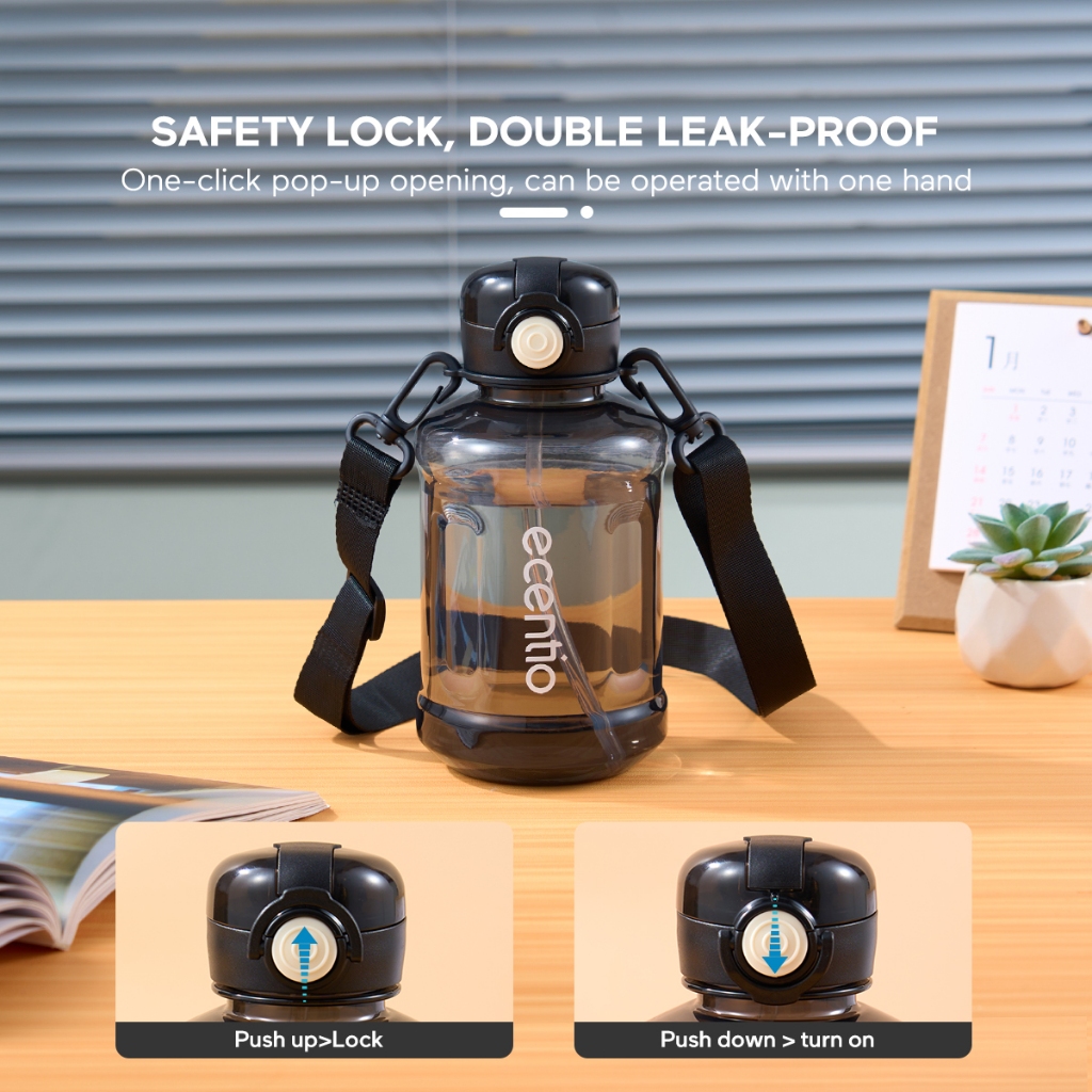 【OLO】ECENTIO 1000ml Sports Water Cup – Black Handheld PC Material with Soft Silicone Spout and Leak-