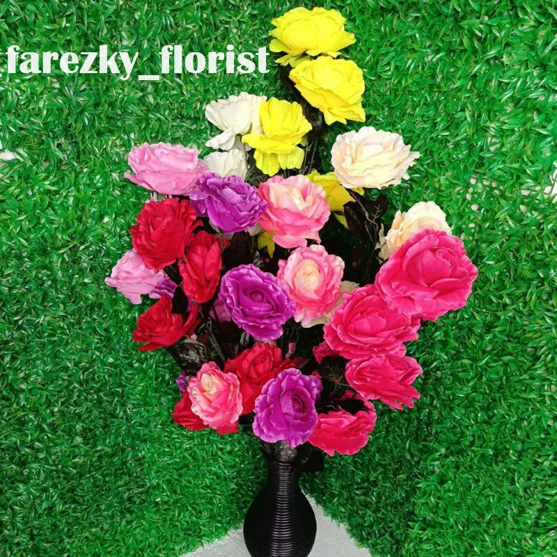 mawar artificial mawar plastik cabang 5 jumbo / mawar tiruan / mawar tangkai panjang