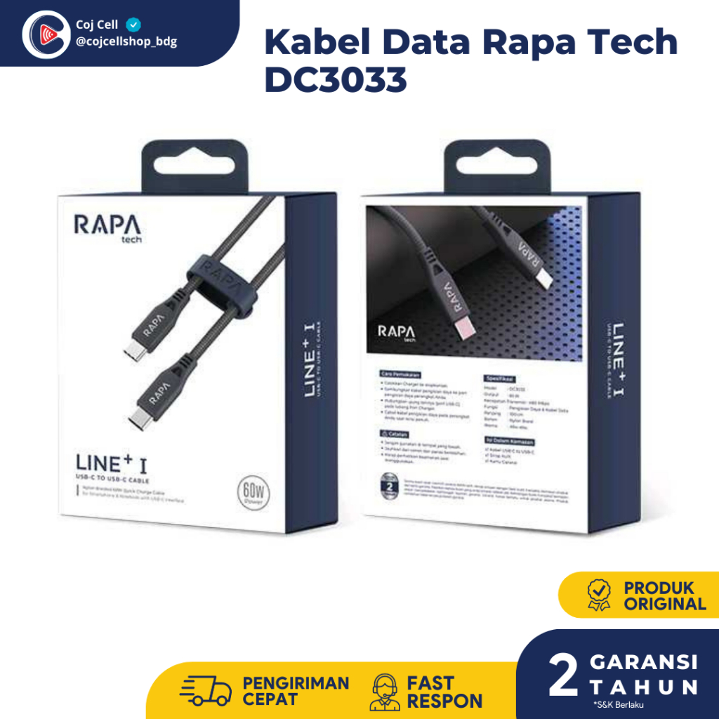 Kabel Data Rapa Tech Type C To Type C - Kabel Data Murah Rapa DC3033 Garansi Resmi 2 Tahun