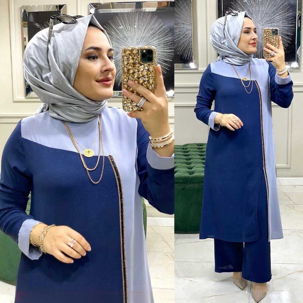 Novita One Set Setelan Wanita Model Terbaru Midi Dress Set Celana Kulot Pakaian Muslim Elegan