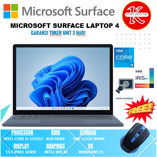 Laptop Touchscreen Microsoft Surface Laptop 4 Intel Core i5 1135G7 Gen11 Ram 8 GB Ssd 512 GB Blue