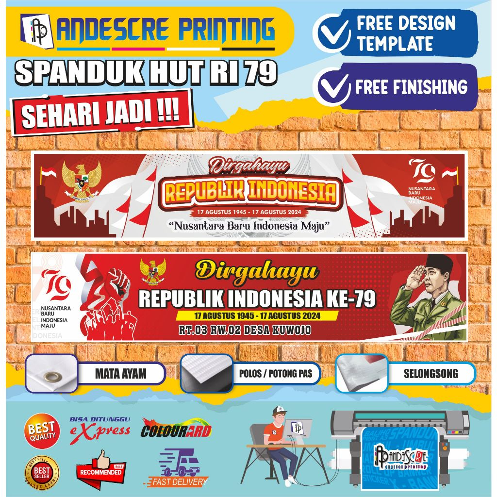 Spanduk 17an / Sepanduk 17 Agustus Dirgahayu kemerdekaan / HUT RI 79 Desain Menarik, Unik, Ceria dan