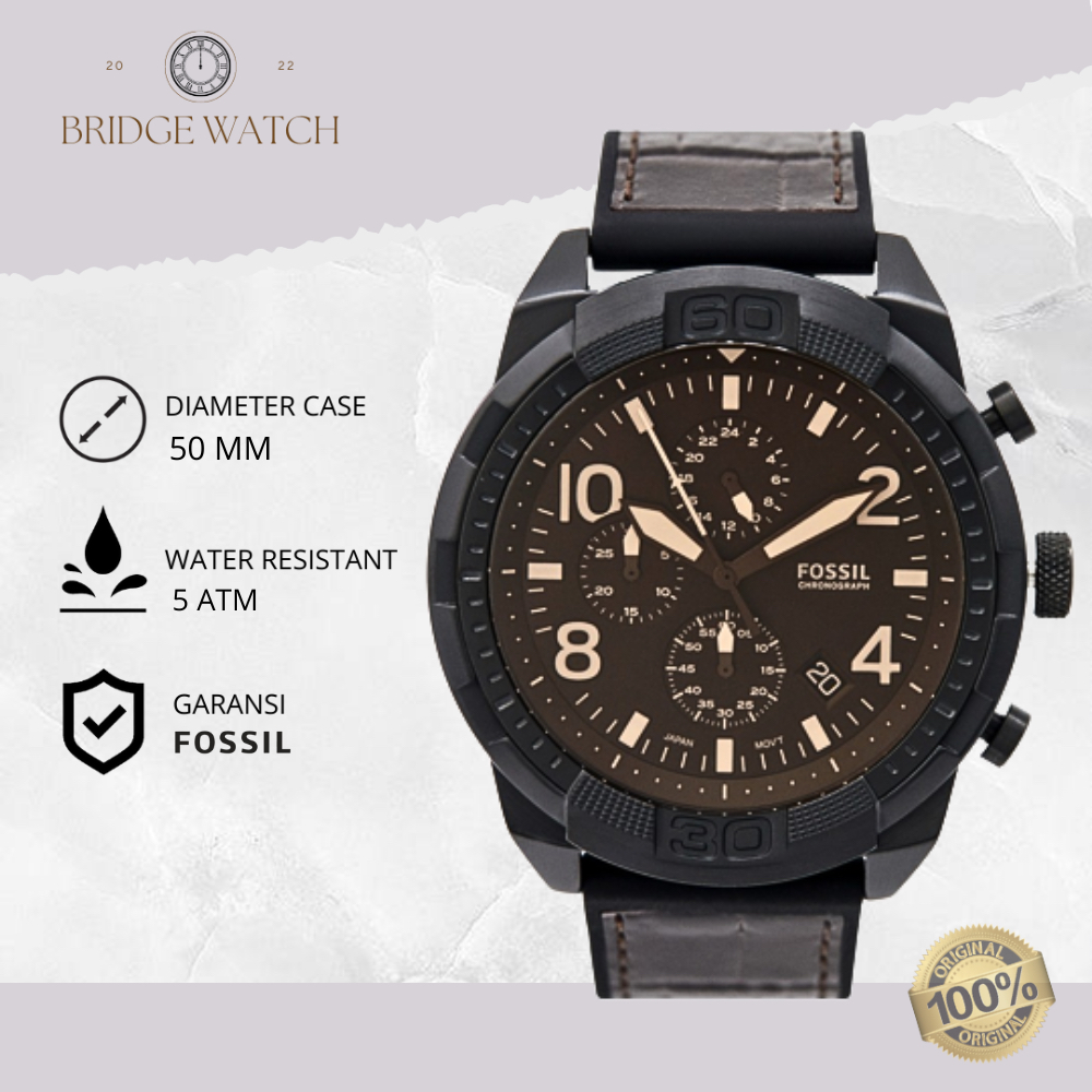 Jam Tangan Pria Fossil Bronson FS5713 Chronograph Brown Leather Strap Kulit Coklat Sport Original