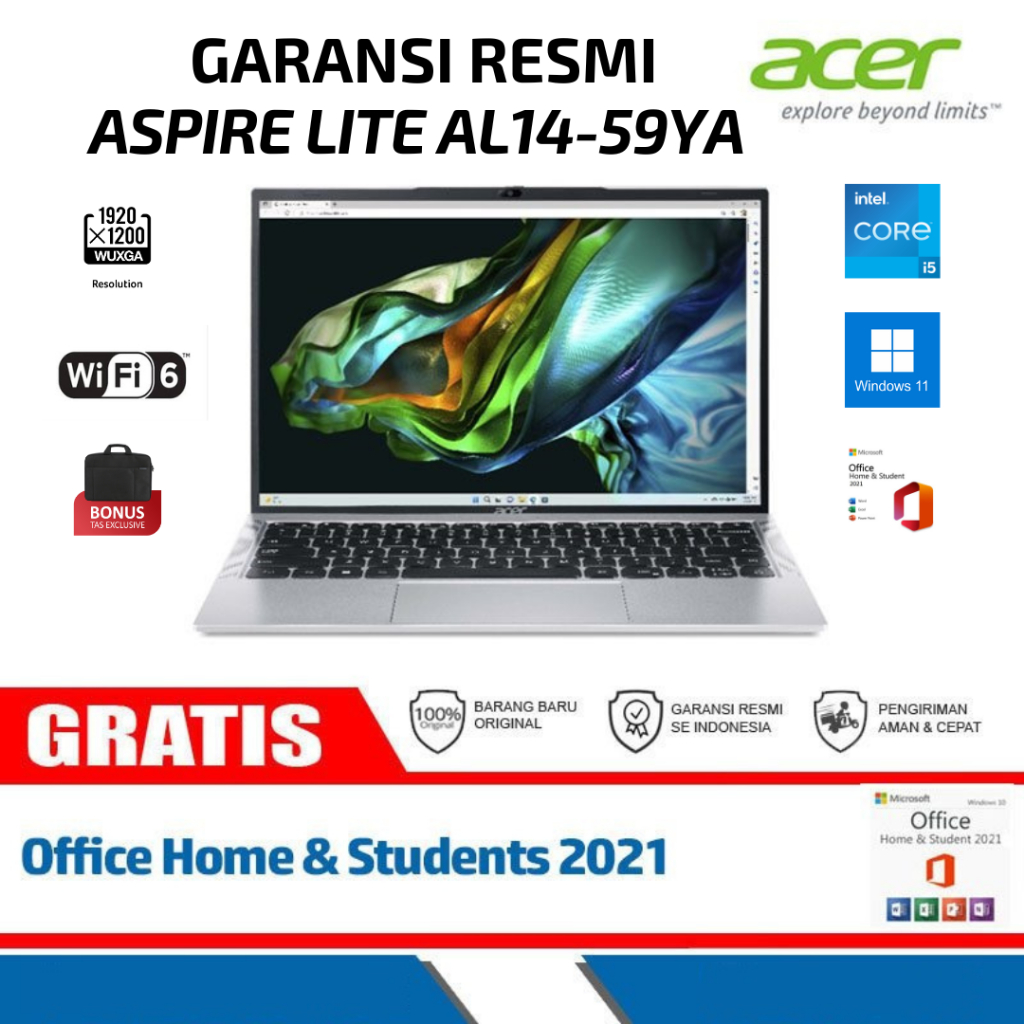 Pengen beli official Laptop Acer Aspire Lite AL14 51M-59YA / Intel Core i5-1235u / Ram 8gb DDR5 / SS