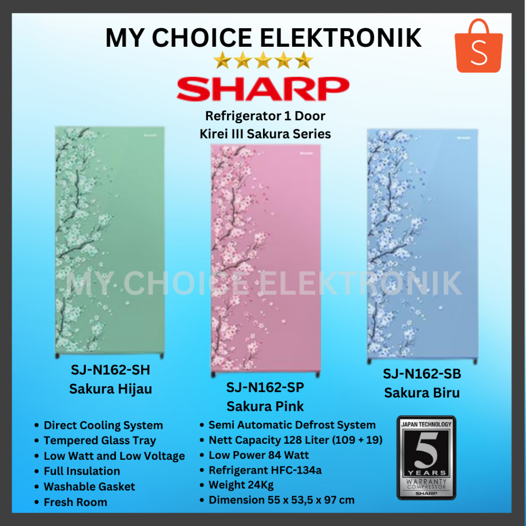 Sharp Kulkas 1 Pintu SJ-N162D Sakura | Refrigerator 1 Door SJ N 162 D | SJ-N162D-SH/SB/SP [LUAR KOTA