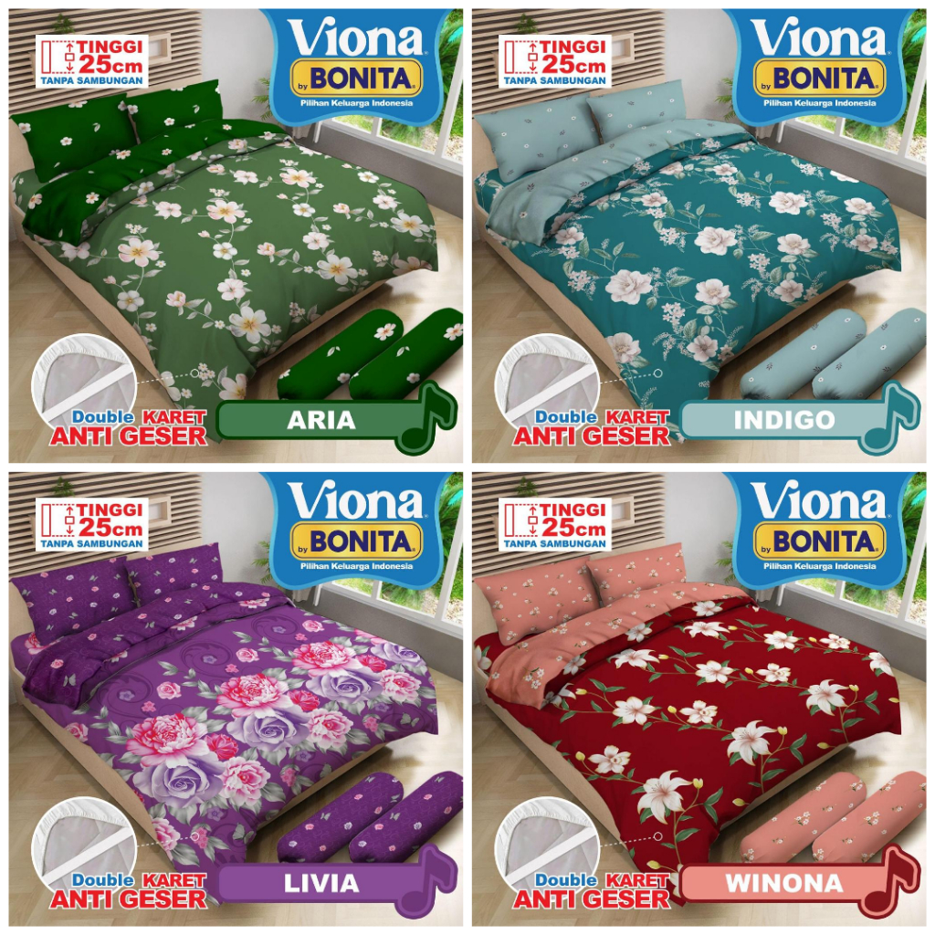 Bed Cover Set Sprei Flat VIONA By Bonita Uk.180x200 Tinggi 25 Double Karet Anti Geser