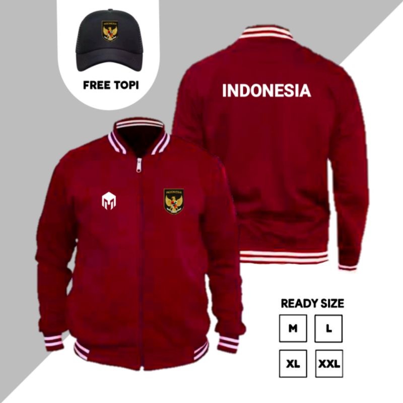 JAKET VARSITY TIMNAS INDONESIA TERBARU FREE TOPI - JAKET VARSITY DISTRO BOLA TIMNAS INDONESIA GRATIS