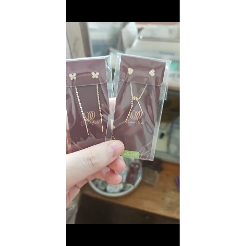 Anting tusuk panjang gantung balok mata putih emas asli 375 murah fashion