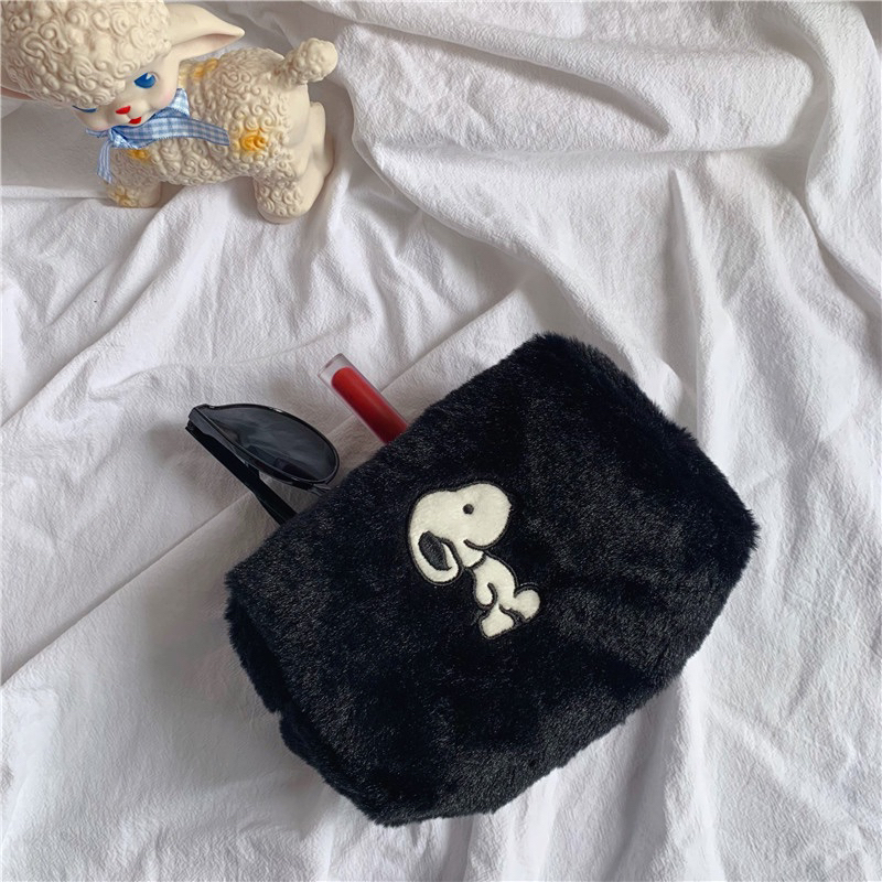 

Snoopy black fur makeup pouch student pencil case box storage bag travel college kolej beg stationery fluffy