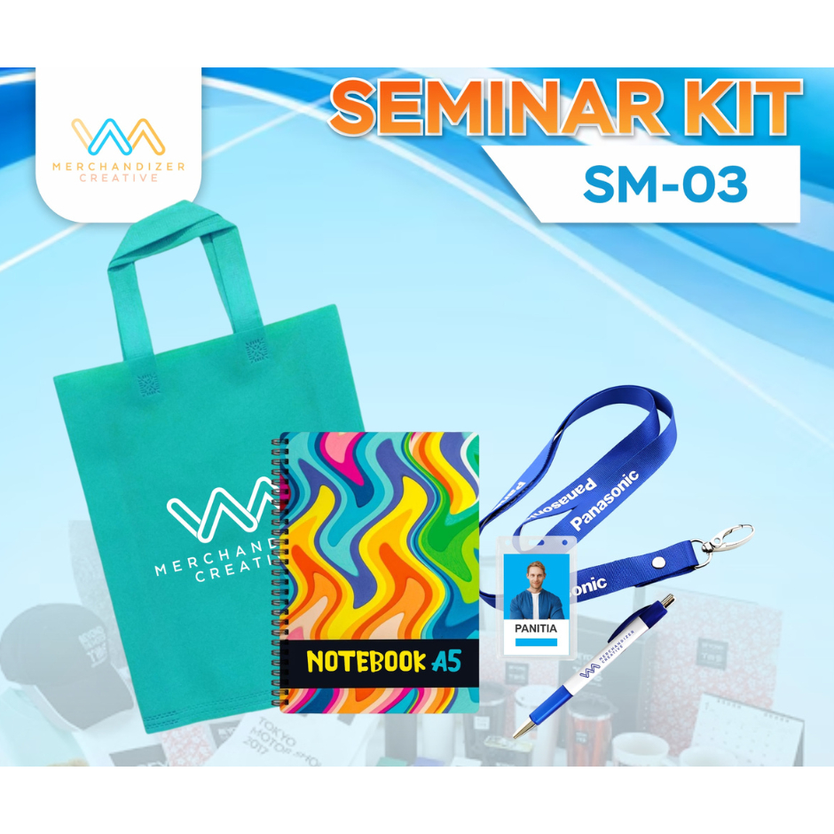 

Tas Spunbund, Notebook A5, Pulpen Sablon, Lanyard Sablon, dan Co Card - Seminar Kit Custom