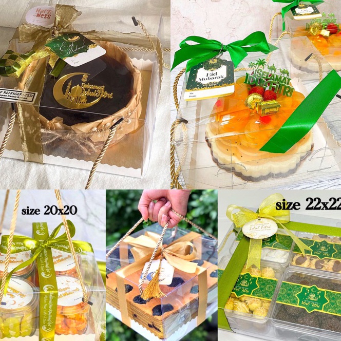 

KP8 Kotak Kue Full Mika Clear Kokoh Tebal Tali GoldAlas Kotak Kue Hh Quality Box Hampers Pudding 2x2 22x22 24x24 Korean glass cake box Kotak hampers seserahan box hantaran box mika 3x3 kotak kue 28x28