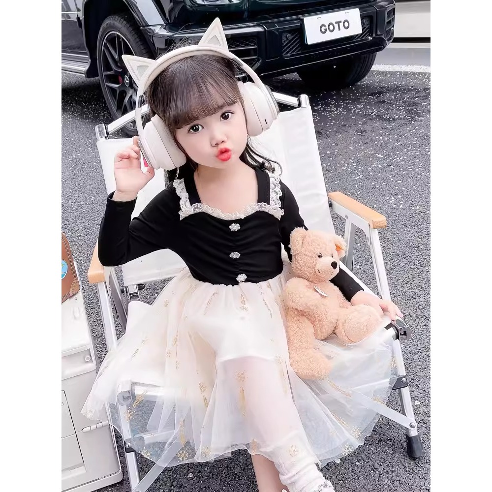 Dress Tutu Tile Anak Perempuan Usia 1-4 Tahun Lengan Panjang Kombinasi Rompi Renda Kancing Mix Rok T