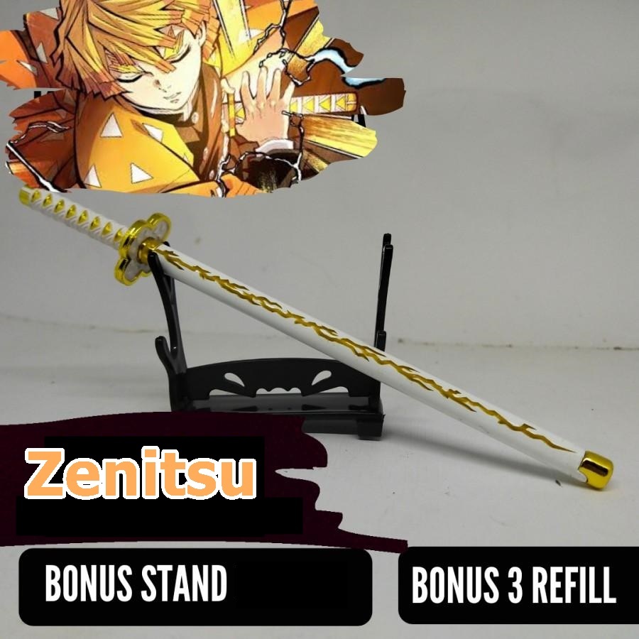 

SWORDPEN Pulpen Zenitsu Putih karakter anime Kimetsu No Yaiba Demon Slayer pena alat tulis panjang 20 cm Stainless Steel bonus stand pedang pajangan