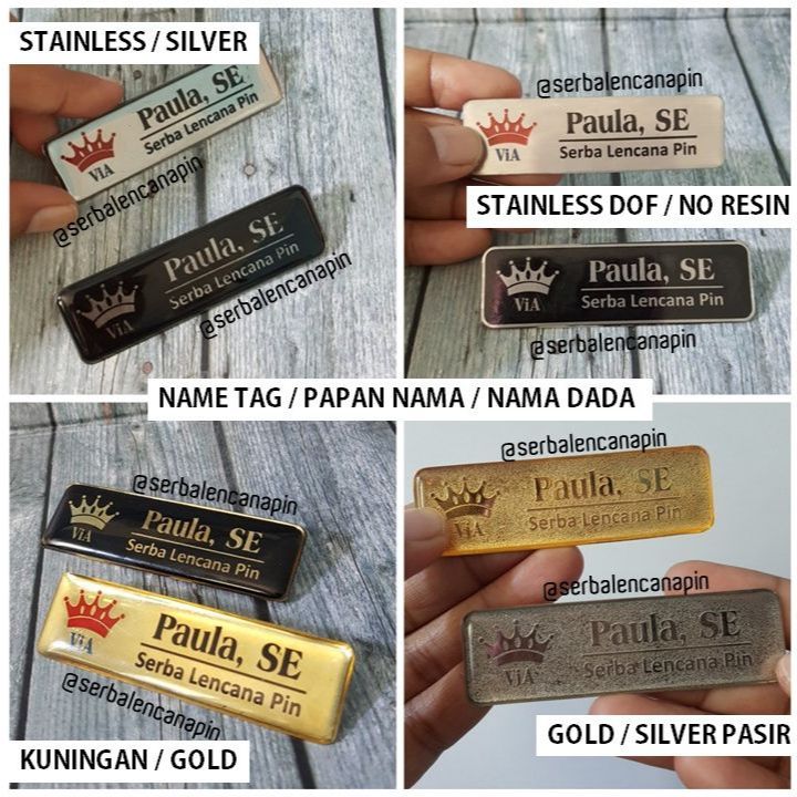 

Custom Nama Dada Name Tag Satuan - Kuningan Stainless Harlen Sepuh Emas Lapis Resin Peniti Paku Magnet- Name Badge Gold Plate Papan Nama Karyawan Exclusive Mas Silver Pasir Dof Kulit Jeruk Fiber Glas Besi Logam