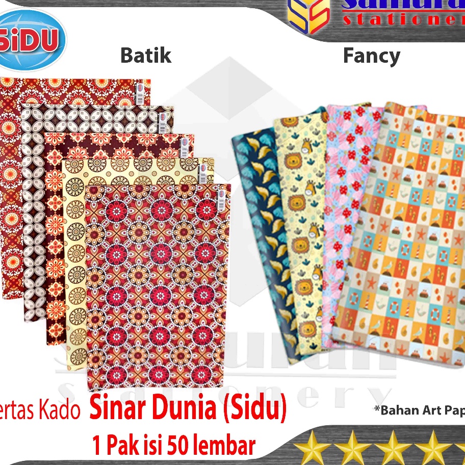 

KP8 Kes Bungkus Kado Sidu isi 5 Lembar Motif Fancy Batik Sinar Dunia Gambar Lucu Random Per 1 PAK ada 5 Motif