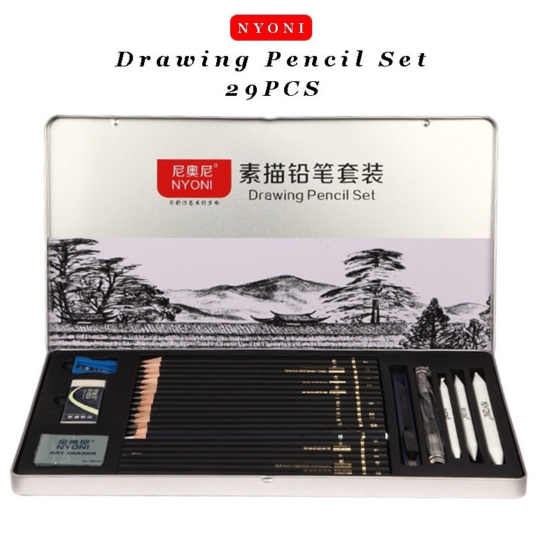 

Produk Terbaik KONGDO NYONI Drawing Pencil Gambar Set 29PCS Drawing Sketch Pencil Set Tin Box Pensil Gambar