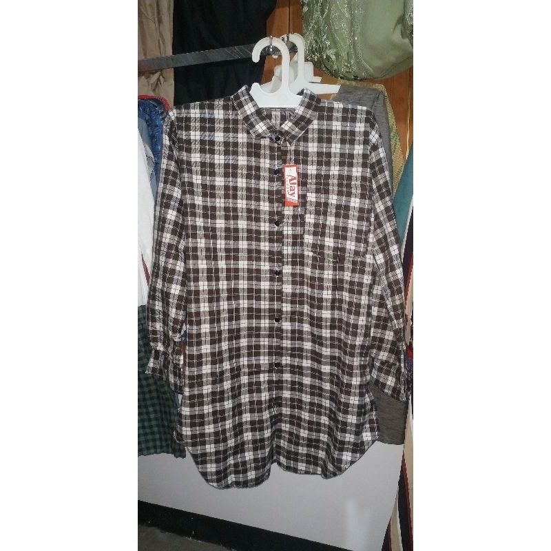 Kemeja Tunik Flanel Kotak2 Lengan Siku Kancing Berkerah