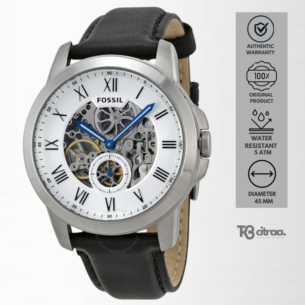 jam tangan Fossil automatic pria Grant analog strap kulit cowok Silver Skeleton Dial Black hitam Lea