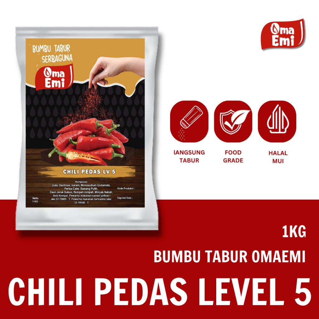 

BUMBU TABUR CHILI PEDAS LVL 5 KEMASAN 1KG FOOD GRADE