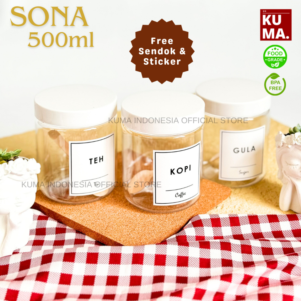 KUMA Sona 500ml Tutup Putih Toples Bahan Plastik Food Grade Free Stiker