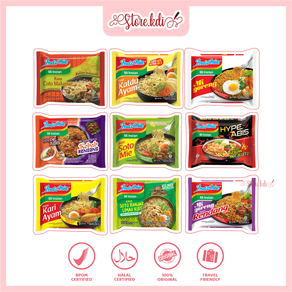 

INDOMIE Mie Instant / SEDAAP Mie Instant / POP MIE Cup / SEDAAP CUP - Rasa Kaldu Ayam - Coto Makassar - Mie Goreng - Soto - Banjar Limau - Rendang - Ayam Bawang - Korean Spicy - Kari Ayam - Rasa Baso Sapi - Kari Spesial